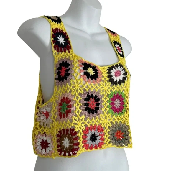 VTG Crochet Granny Square Crop Tank Top Multicolor Boho Festival Size Small - Picture 2 of 6